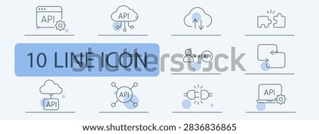API set icon. Browser gear, cloud nodes, sync cloud, puzzle pieces, user api, exchange arrows,, network, plug connection, laptop gear.