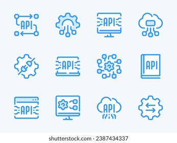 API, desarrollo de software e integración de datos iconos de línea vectorial. Juego de iconos de esquema de interfaz de programación de aplicaciones. Computadora, conexión, computación en la nube, sitio web, configuraciones, guía y más.