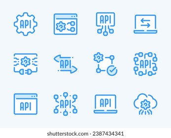 API, Software development and Data integration vector line icons. Application Programming Interface outline icon set. Data, Computer, Transfer, Connection, Website, Settings, System Process and more.