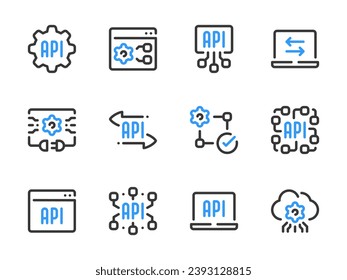 API, desarrollo de software e integración de datos iconos de línea vectorial. Juego de iconos de esquema de interfaz de programación de aplicaciones.