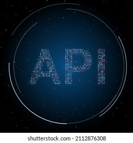 The api symbol filled with white dots. Pointillism style. Some dots is red. Vector illustration on blue background with stars