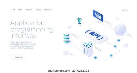 Api technology concept in isometric vector design. Application programmimg interface with data software and development. Web banner layout template