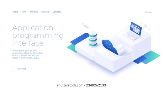 Api technology concept in isometric vector design. Application programmimg interface with data software and development. Web banner layout template