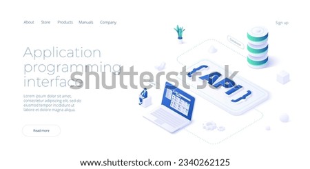 Api technology concept in isometric vector design. Application programmimg interface with data software and development. Web banner layout template