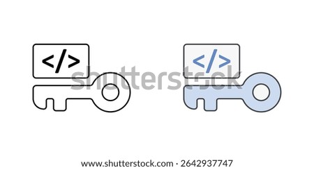 API token management icon with a key and code brackets, in outline and color styles, ideal for visualizing secure API access, developer authentication, and token-based authorization.