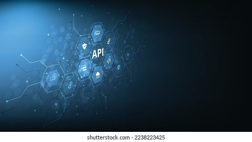 (API)Application Programming Interface concept. Software development tool, information technology, modern technology, internet and networking concept on dark blue background.