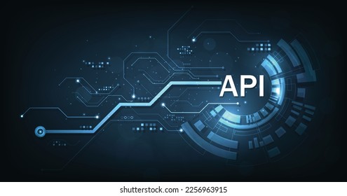 (API)Application Programming Interface. Software development tools, information technology, modern technology on dark blue background.