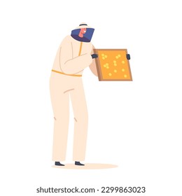 Apiarist Beekeeper Character Holding Holding Wooden Frame Full Of Honeycomb, Observing The Health And Productivity