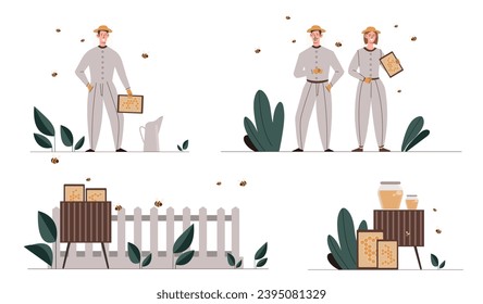 Apiarist characters set. Man and woman in uniform with bees and hives. Apiary and honeycomb. Production of honey process. Cartoon flat vector collection isolated on white background