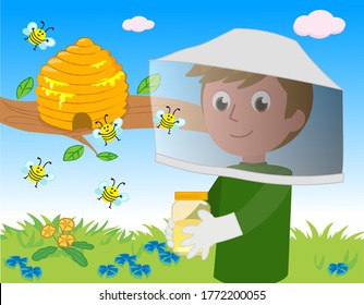 Apiarist and hive with flying cute bees cartoon vector illustration