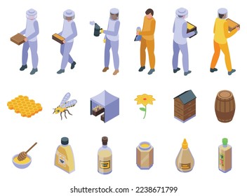 Apiarist icons set isometric vector. Bee man. Food propolis