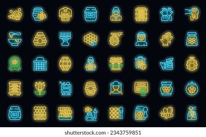 Apiarist icons set outline vector. Honey bee. Food apiculture neon color on black