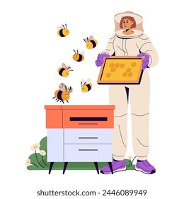 Apiarist in protective suit holds honeycomb frame of beehive. Beekeeper gathers harvest of bee garden. Honey farmer collects propolis from honeybee hive. Flat vector illustration isolated on white