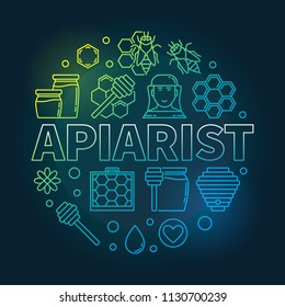 Apiarist vector colored round illustration in thin line style on dark background