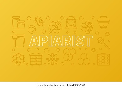 Apiarist vector creative yellow horizontal illustration in thin line style. Modern banner