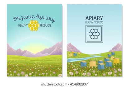 Apiary in alpine meadows in mountains. Honey Farm. Beehive set. Bee honeycomb