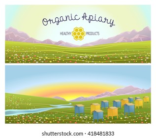 Apiary in alpine meadows in mountains. Honey Farm. Beehive set. 