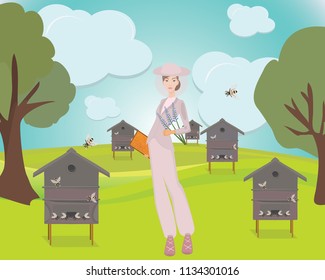 Apiary background. Apiculture and beekeeping. Summer background with beekeeper and beehives . Colorful vector illustration. 