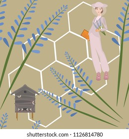 Apiary background, honey seamless pattern, summer paper. Apiarian with honeycomb and beehive. Trendy hand drawn texture. Honey design with blue flowers.