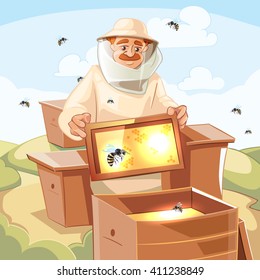 Apiary background picture with bee, honey, honeycomb and Man beekeeper in special costume.