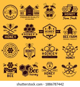 Apiary badges. Labels or logos for honey products natural healthy eco food stamps vector set