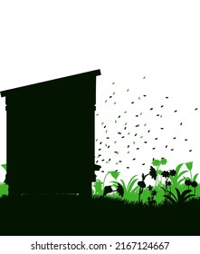 Apiary. Bee hive in meadow. Rural farm landscape. Isolated on white background. Vector.