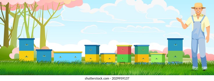 Apiario. Colmena de abejas en un prado de verano. Ilustración horizontal del apicultor con colmena. Entre los florecientes árboles del jardín. El apicultor en overoles y un sombrero de malla. Vector