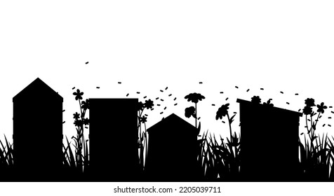 Apiario. Colmenas de abejas en el prado. Paisaje rural. Aislado sobre fondo blanco. Ilustración horizontal sin fisuras. Foto de silueta. Vector