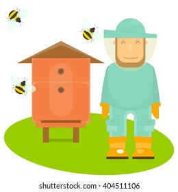 Apiary Beekeeper, Beehive and Bees. Isolated on White Background. Vector Illustration.