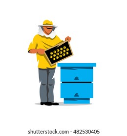 Apiary beekeeper Vector Cartoon Illustration. Man in protective clothing with the cells in the hands stands near beehive. Isolated on a White Background