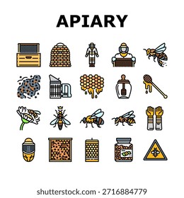 apiary beekeeping bees icons set vector. honey hive, apiary queen, worker, nectar, pollen wax, colony, swarm apiary beekeeping bees color line illustrations