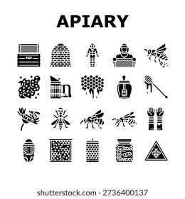 apiary beekeeping bees icons set vector. honey hive, apiary queen, worker, nectar, pollen wax, colony, swarm apiary beekeeping bees glyph pictogram Illustrations