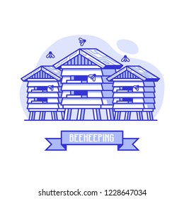 Apiary and beekeeping concept. with wooden bee house and insect hotel icons. Garden bug home for beekeepers in flat design. Honey keeper beehive box for natural apiary.