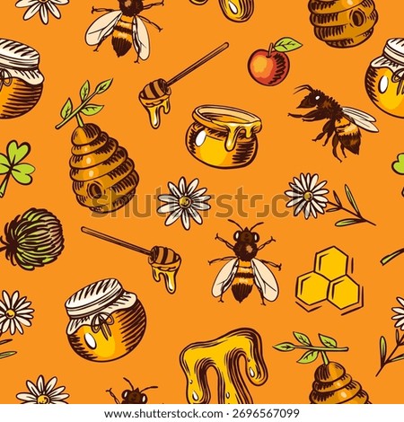 Apiary, beekeeping honey seamless pattern. Jars and a bee . Hand drawn spoon, honeycomb. Clover and chamomile. Engraved elements for your design.