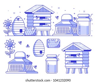 Apiary and beekeeping icon set with apiarist equipment and essentials. Such as beekeeper hat, honey jar, hive and bee house. Beer-garden concept banner illustration. Honey harvest icons and elements.