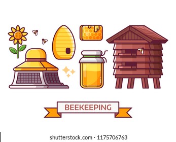 Apiary and beekeeping icon set with apiarist equipment and essentials. Such as beekeeper hat, honey jar, hive and bee house. Beer-garden and honey harvest icons and elements.
