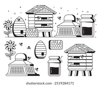 Apiary and beekeeping icon set with apiarist equipment and essentials. Such as beekeeper hat, honey jar, hive and bee house. Beer-garden banner illustration. Honey harvest icons and elements.