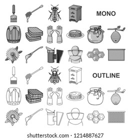 Apiary and beekeeping monochrom icons in set collection for design.Equipment and production of honey vector symbol stock web illustration.