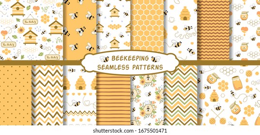 Apiary beekeeping seamless patterns set Organic honey making background collection Vector bee wallpaper