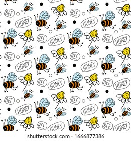 Apiary with bees and daisies, text "Honey Bee". Vector seamless pattern isolated on white background. Design for gift wrap, cover, fabric, cards, wallpapers, backdrops, panels. 