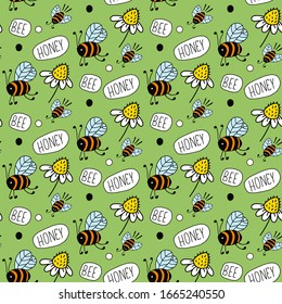 Apiary with bees and flowers, text "Honey Bee". Vector seamless pattern on green background. Design for gift wrap, cover, fabric, cards, wallpapers, backdrops, panels. 