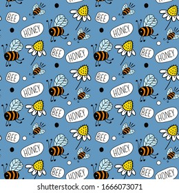 Apiary with bees and flowers, text "Honey Bee". Vector seamless pattern on blue background. Design for gift wrap, cover, fabric, cards, wallpapers, backdrops, panels. 