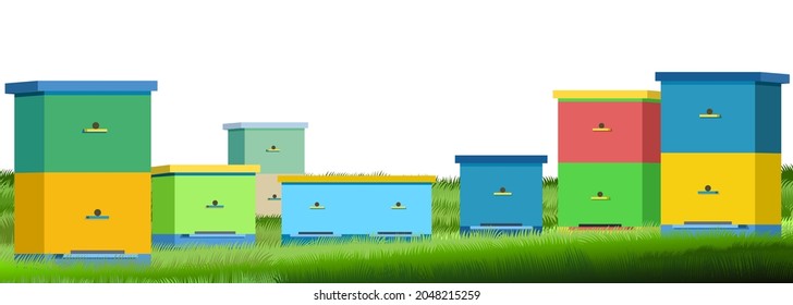 Apiary with bees and hives. Horizontal bottom border. Seamless illustration. Isolated on white background. Vector