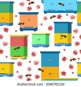 Apiary with bees and hives. Surrounded by pink flowers of fruit trees. Seamless pattern. Isolated on white background. Vector