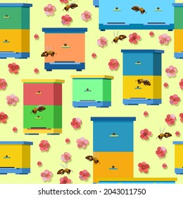 Apiary with bees and hives. Surrounded by pink flowers of fruit trees. Seamless pattern. Vector