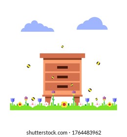 Apiary with bees in the meadow in a flat design. Vector stock illustration.