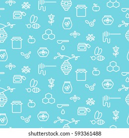 Apiary blue outline icon seamless vector pattern. Line style monochrome beekeeping background.