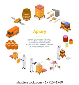 Apiary Concept Banner Card Circle 3d Isometric View Include of Honeycomb, Bee, Beekeeper and Honey. Vector illustration