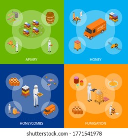 Apiary Concept Banner Set 3d Isometric View Include of Honeycomb, Bee, Beekeeper and Honey. Vector illustration