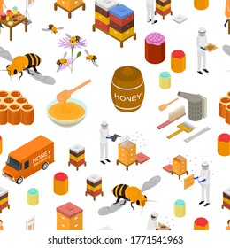 Apiary Concept Seamless Pattern Background on a White 3d Isometric View Include of Honeycomb, Bee, Beekeeper and Honey. Vector illustration